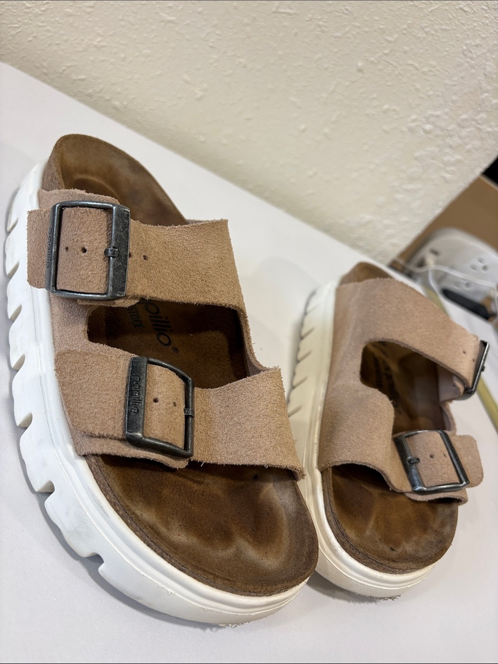 Birkenstock Taupe Suede Double-Buckle Sandals with White Platform Sole